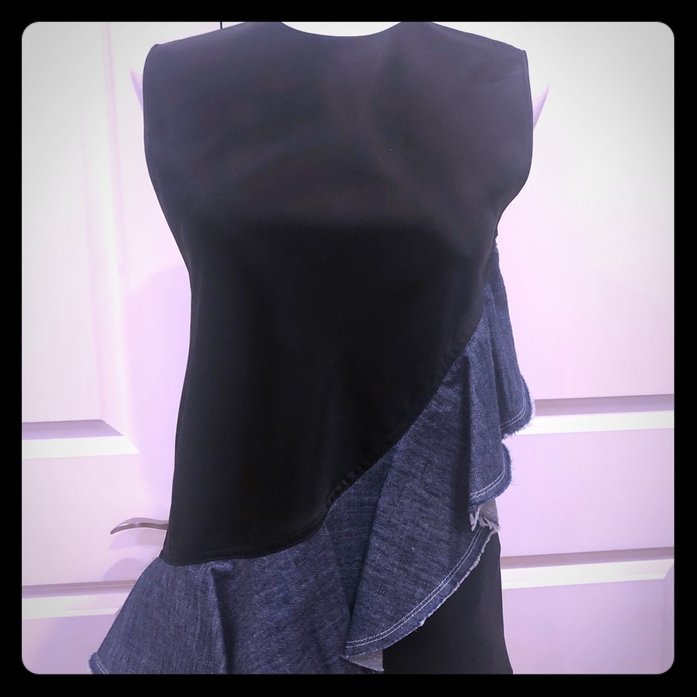 HELMUT LANG silk and denim peplum top